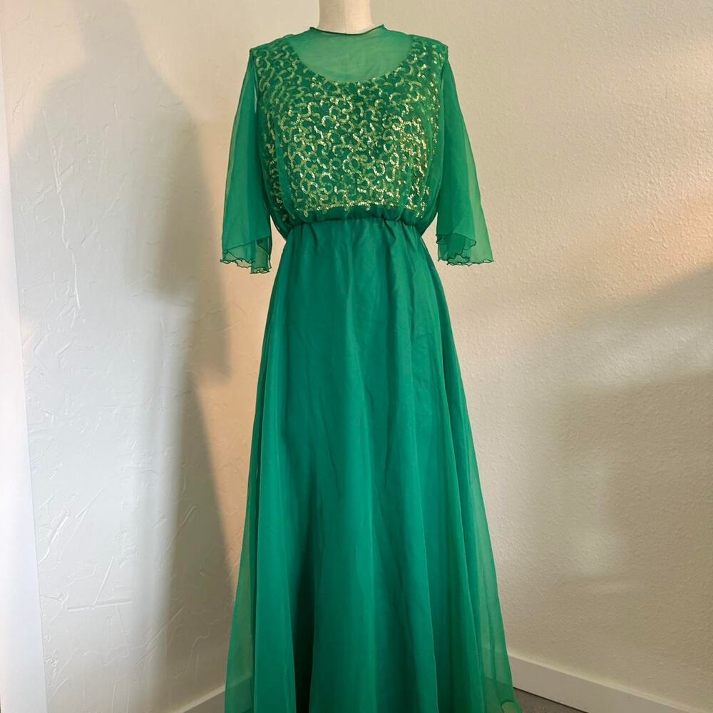 Mike Benet Formals Dress 12 Green Vintage 70's Chiffon Long Gown Gold Sequins